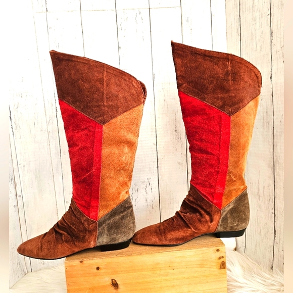 Vintage RARE Passports Suede Patchwork Knee High Low Heel Boots Red Tan Brown - Picture 12 of 15
